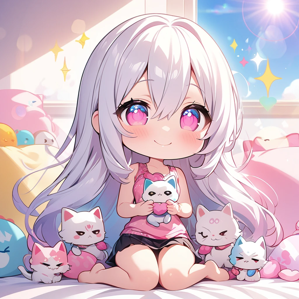masterpiece, best quality, 4k、2D Illustration、one beautiful girl、solo、(((chibi style)))、((vivid colors))、cute chibi、lovely chibi、long beautiful hair, glossy silver hair, hair between eyes, cute、beautifully detailed eyes、((tank top))、((miniskirt))、(colorful))、((happy smile))、sitting on bed、((full body shot))、((kitten))、((lots of pink stuff around.))、((bed))、sparkle、((lens flare))、