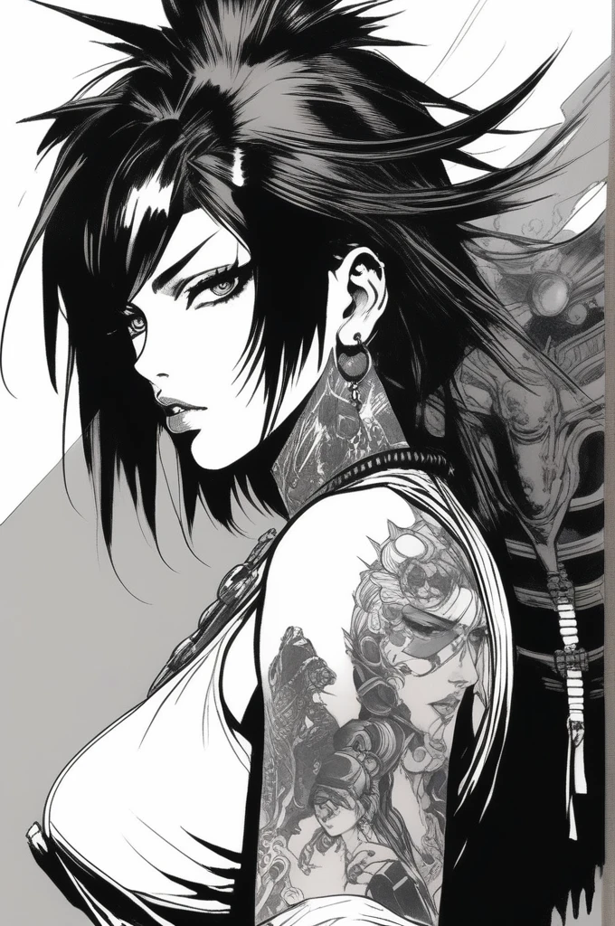 (Highest quality, sketch:1.2),Realistic,Illustrator,anime, Woman with tattoos on her arms and chest, Cyberpunk art inspired by Masamune Shirow, Art Station, Gothic art, And Martin, And Martin artwork portrait, Frank Cho, art jam and ilya kuvshinov, Chris Moore. art jam, art jam greg rutkowski _ greg, Shohei Otomo&#39;s black and red gradient background,Neon Hair,Texture Cropping, masterpiece, Style: Retro Classic, Black Style , Japanese style, ((Monochrome))