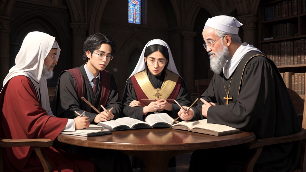 "Description: Illustrate a thought-provoking scene showing theologians and believers engaged in a lively debate over universal salvation. Depict individuals of diverse backgrounds discussing scriptures, theological texts, and philosophical arguments around a table or in a university setting.
Details: Use a mix of academic attire and religious symbols to represent the diversity of perspectives. Include books, scrolls, and open Bibles with highlighted passages to emphasize the intellectual and spiritual exploration of whether all souls will ultimately be reconciled to God. This visual should convey a sense of intellectual curiosity and respectful dialogue amidst theological controversy."
