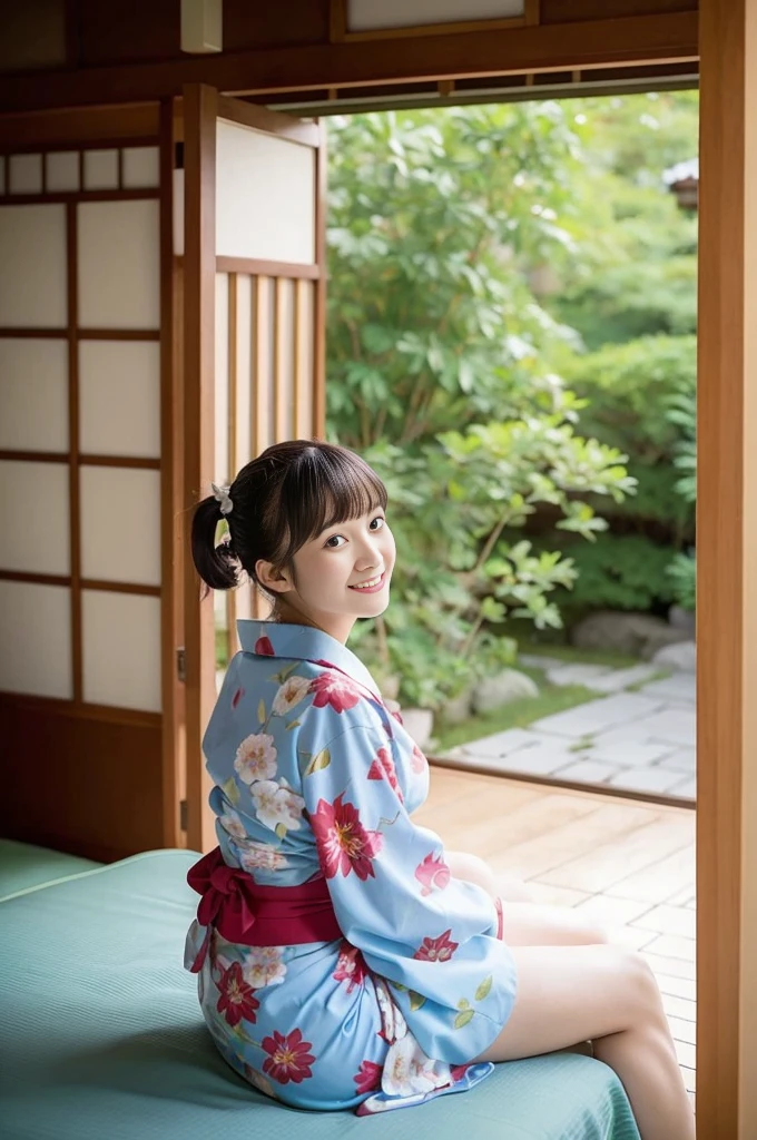 girl in ryokan on school trips,long-sleeved floral yukata,18-year-old,bangs,a little smile,thighs,knees,short hair with low pigtails bunches,from below,front light