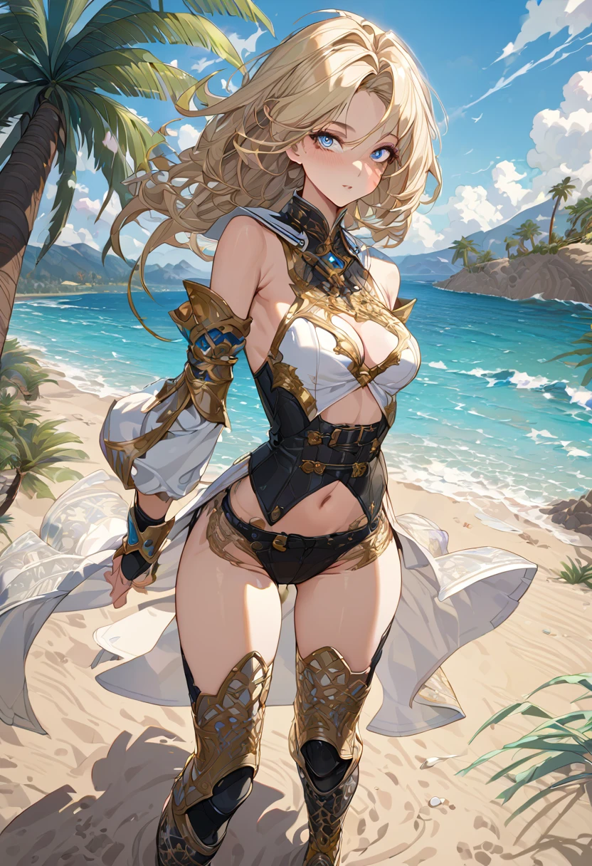 masterpiece, best quality, 8k, 4k, 1girl, ashelia final fantasy xii, Ashelia, medium hair, blonde hair, blue eyes, white detached sailor like collar, brooch, white shirt, cleavage, midriff, detached sleeves, bracer, black corset, pink skirt, microskirt, pink skirt, tight skirt, blue belt, black thigh with gold pattern boots, slim body, looking at viewer, standing nicely, wind blowing, finely detailed eyes and detailed face, face detailed, hair detailed, clothes detailed, ((high quality)), extreme detail, beach sand, palm tree, calm water, high hills overlooking the sea, hollowed hills, inspired by Asukaziye artist : ask, art style : ask