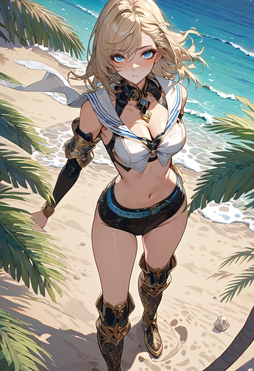 masterpiece, best quality, 8k, 4k, 1girl, ashelia final fantasy xii, Ashelia, medium hair, blonde hair, blue eyes, white detached sailor like collar, brooch, white shirt, cleavage, midriff, detached sleeves, bracer, black corset, pink skirt, microskirt, pink skirt, tight skirt, blue belt, black thigh with gold pattern boots, slim body, looking at viewer, standing nicely, wind blowing, finely detailed eyes and detailed face, face detailed, hair detailed, clothes detailed, ((high quality)), extreme detail, beach sand, palm tree, calm water, high hills overlooking the sea, hollowed hills,  inspired by Asukaziye artist : ask, art style : ask