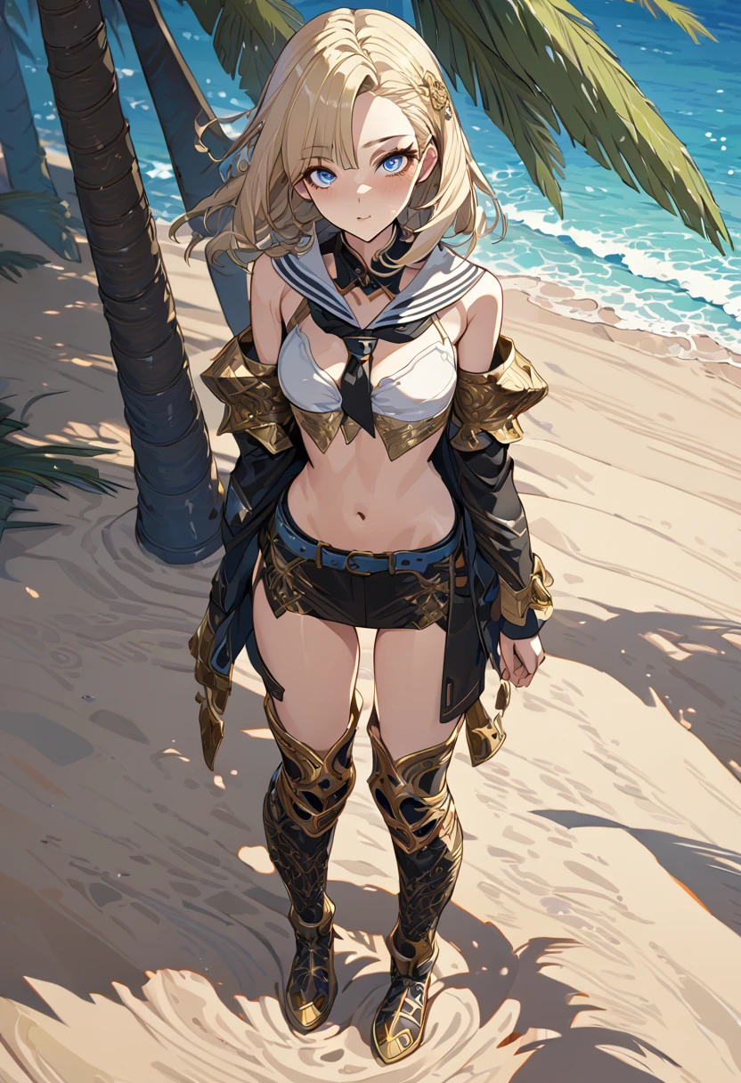 masterpiece, best quality, 8k, 4k, 1girl, ashelia final fantasy xii, Ashelia, medium hair, blonde hair, blue eyes, white detached sailor like collar, brooch, white shirt, cleavage, midriff, detached sleeves, bracer, black corset, pink skirt, microskirt, pink skirt, tight skirt, blue belt, black thigh with gold pattern boots, slim body, looking at viewer, standing nicely, wind blowing, finely detailed eyes and detailed face, face detailed, hair detailed, clothes detailed, ((high quality)), extreme detail, beach sand, palm tree, calm water, high hills overlooking the sea, hollowed hills,  inspired by Asukaziye artist : ask, art style : ask