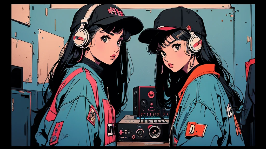 Battle DJ girl in HIPHOP fashion wearing DJ headphones,Front view , Turntablist, DJ Scratch, HIPHOP West Coast gangsta