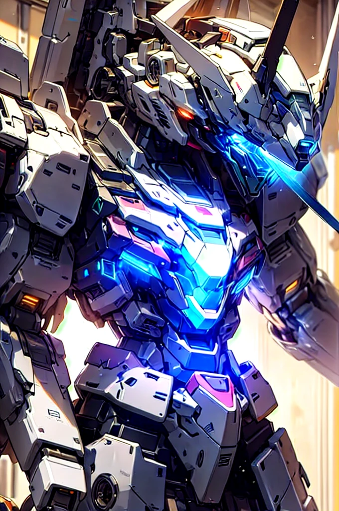 Gundam,mecha,robot,no humans,glowing,solo,science fiction,glowing eyes,, Best Quality,Masterpiece,Edge quality,gorgeous and intricate detail,Perspective Silhouette,((8k, Best Quality, Masterpiece, Extremely Detailed, Rule of Thirds)),((crazy imagery)),photorealistic,masterpiece,superb,HDR,high resolution,sharp focus,photorealistic rendering,extremely detailed description,professional,intricate details, blue color,