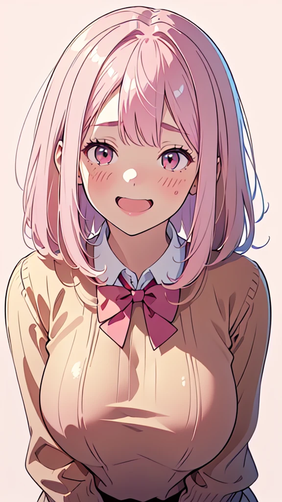 8k,(High quality:1.4),(best quality:1.4),(masterpiece:1.4),(huge breasts:1),(beautiful face:1.3),(beautiful woman:1.3),(pale pink hair:1.4),medium hair,a mole around the mouth,(enjoy:1.6),(laugh:1.2),(burst into laughter:1.4), (squinting:1.2)(school uniform:1.1),(beige sweater:1.2),(close-up:1.2),a red bow tie,(leaning forward:1.2)