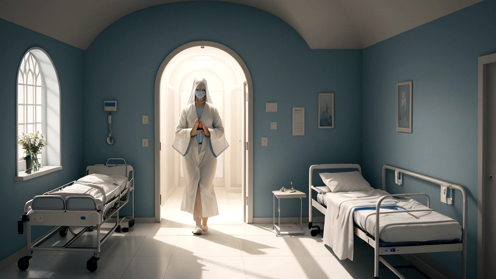 "Description: Create a contemplative scene illustrating a person in a hospital bed, surrounded by medical staff and loved ones, as they recount a near-death experience. Show ethereal imagery like a tunnel of light, angelic figures, and a serene landscape, contrasting with the clinical hospital environment.

Details: Use soft, calming colors and gentle lighting to evoke a sense of otherworldly peace and spiritual encounter. Include subtle details like medical equipment and concerned faces of family members to emphasize the intersection of medical science and spiritual phenomena. This visual should capture the mysterious and profound nature of near-death experiences and their impact on beliefs about the afterlife."