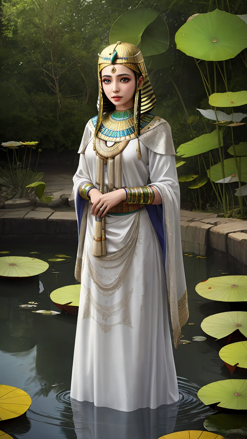 [((A young and beautiful Egyptian woman with straight blonde hair and emerald eyes is standing near a lotus pond. She is dressed in traditional Egyptian clothing, focusing on intricate details and a majestic appearance. The woman has an exquisite and smooth, fair skin and uses Egyptian eyeliner to accentuate the eyes. The image is rendered in very high quality, focusing on the realistic and detailed CG art and beauty of Egyptian culture.)))]