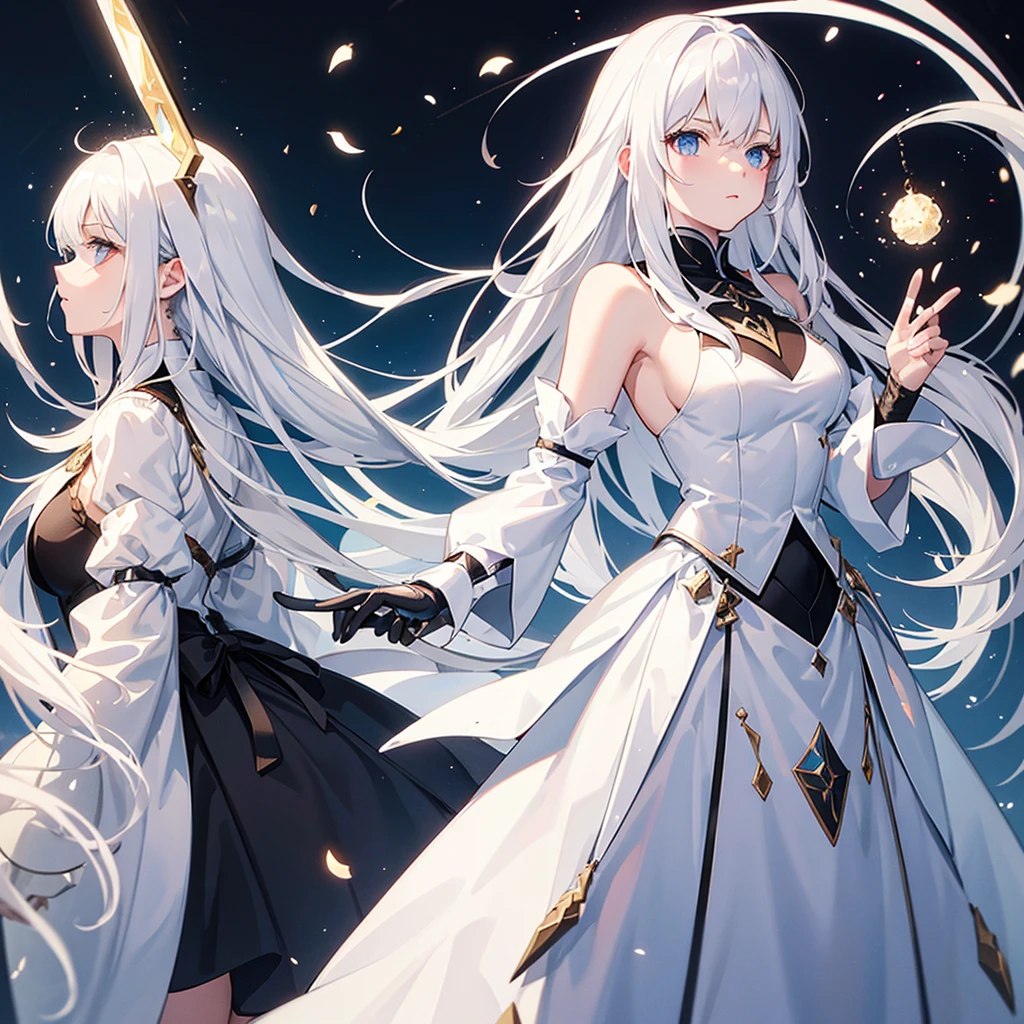 Beautiful girl with white hair and blue eyes, She is smiling, with a black and blue outfit and a sword on his back, she is an adventurer in a fantasy world