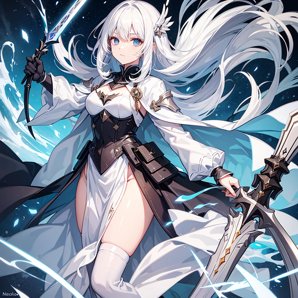 White-haired girl of medium height, with dark armor having magic weapons at his disposal 