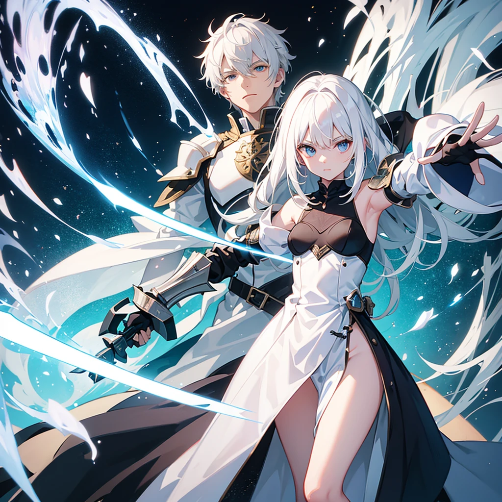 White-haired girl of medium height, with dark armor having magic weapons at his disposal 