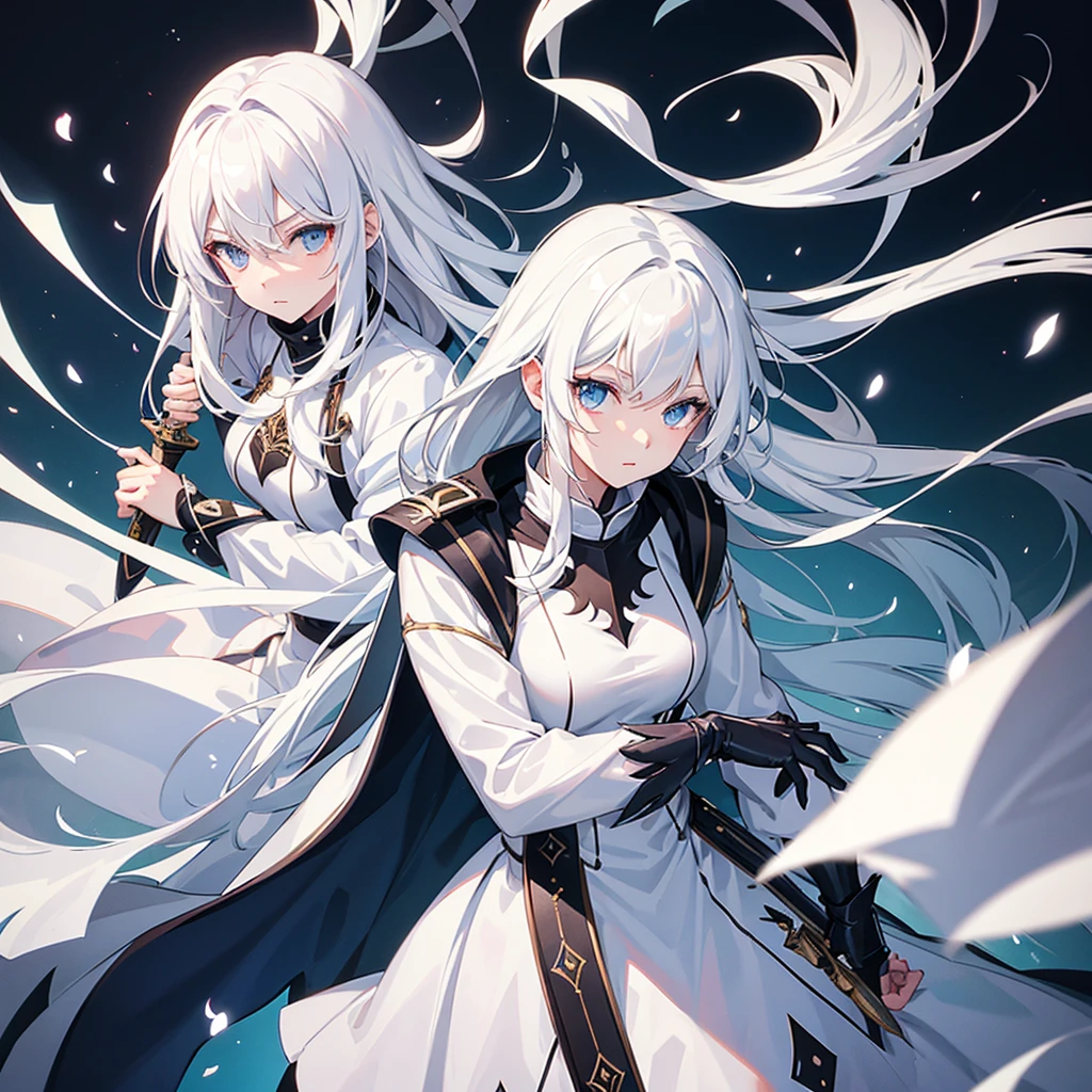 White-haired girl of medium height, with dark armor having magic weapons at his disposal 