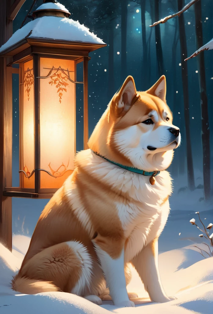 breathtaking Hachiko the Akita-inu in a poignant watercolor, waiting under a softly lit lantern, snow gently falling, (E. H. Shepard illustration style:1.3), (pastel palette:1.1), (emotive brushwork:1.2), (tranquil atmosphere:1.2), (textured paper effect:1.2) . award-winning, professional, highly detailed, 8k resolution concept art by Greg Rutkowski dynamic lighting hyperdetailed intricately detailed Splash art trending on Artstation triadic colors Unreal Engine 5 volumetric lighting Alphonse Mucha WLOP Jordan Grimmer orange and teal