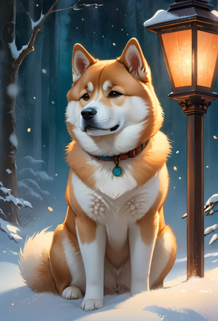 breathtaking Hachiko the Akita-inu in a poignant watercolor, waiting under a softly lit lantern, snow gently falling, (E. H. Shepard illustration style:1.3), (pastel palette:1.1), (emotive brushwork:1.2), (tranquil atmosphere:1.2), (textured paper effect:1.2) . award-winning, professional, highly detailed, 8k resolution concept art by Greg Rutkowski dynamic lighting hyperdetailed intricately detailed Splash art trending on Artstation triadic colors Unreal Engine 5 volumetric lighting Alphonse Mucha WLOP Jordan Grimmer orange and teal