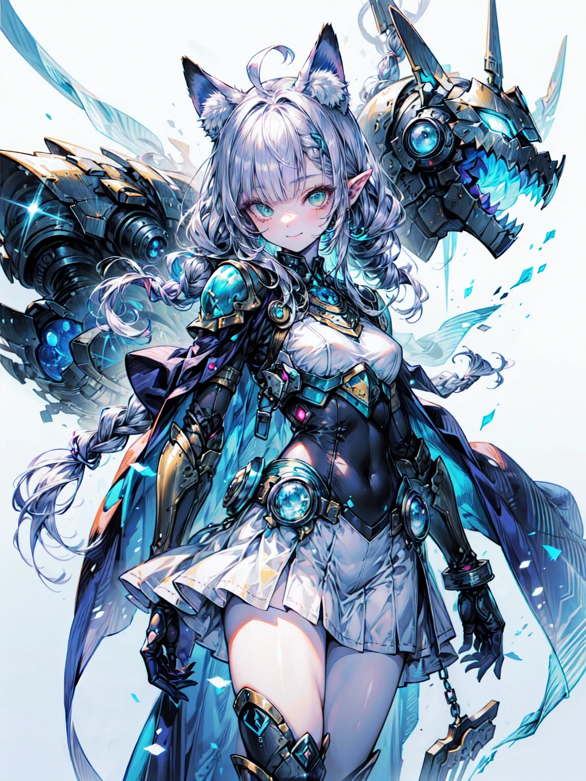 Cat ear, puppet, Green Eyes, Pale skin, Light purple hair, Long Hair, Blunt bangs, Braiding、, Paladin、Long Hair、Blunt bangs、Green Eyes、3本のBraiding 1束、(Blue Armor、Blue Boots、Blue Helmet、Jeweled、Gold embroidery)、thin、Long skirt、Cowboy Shot、Organic Armor Cyborg、Machinery Armor、Armor Texture、Blake、非常にdetailed (Dark Elf), (1 Girl), alone, Perfect Face, detailed, Ahoge, ((Long Hair:1.2)), (Hair above one eye:1.3), [[Messy Hair]], smile, Design Art：haruhiko mikimoto, by Kawashi, By Yoshitaka Amano