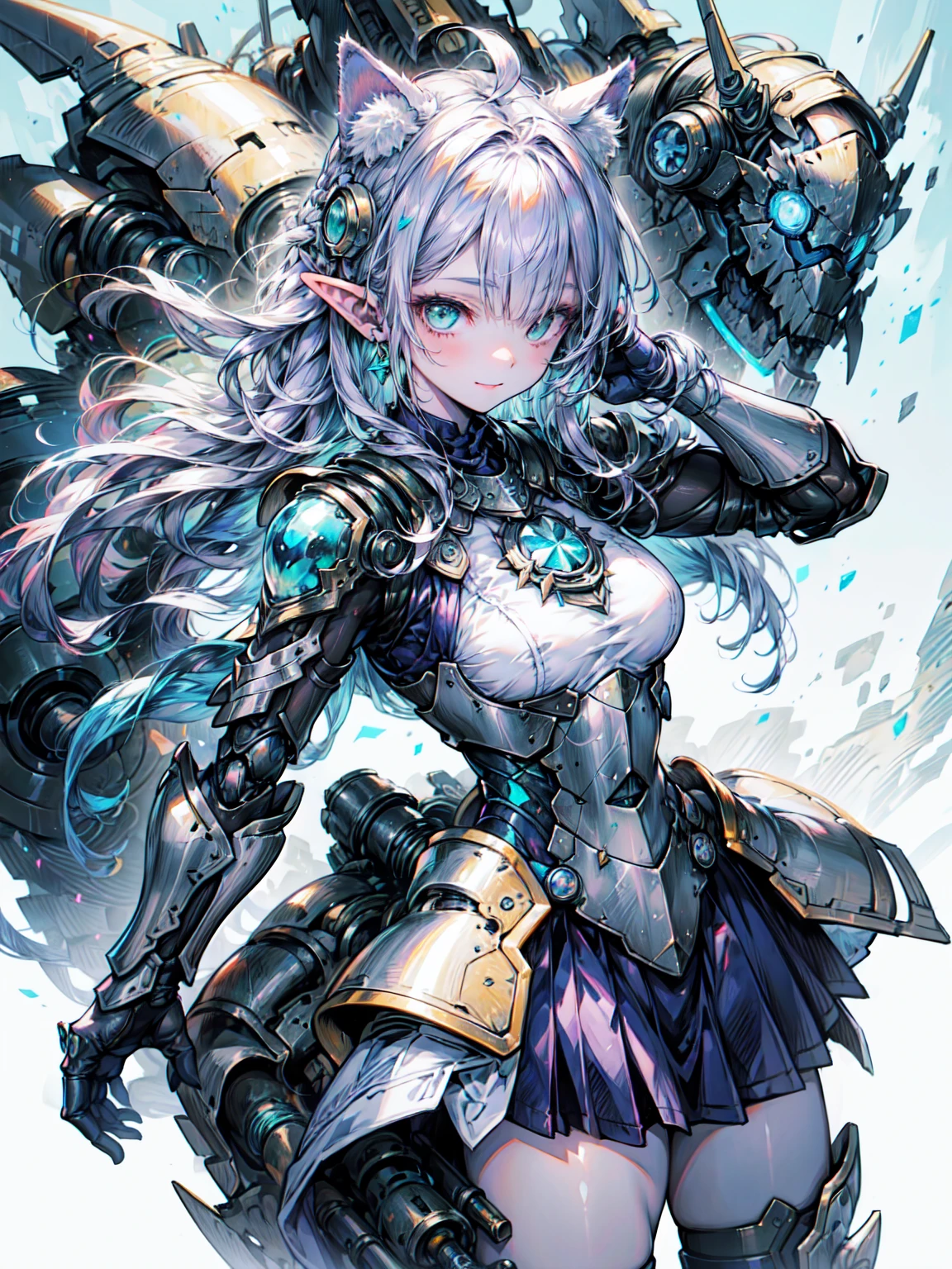 Cat ear, puppet, Green Eyes, Pale skin, Light purple hair, Long Hair, Blunt bangs, Braiding、, Paladin、Long Hair、Blunt bangs、Green Eyes、3本のBraiding 1束、(Blue Armor、Blue Boots、Blue Helmet、Jeweled、Gold embroidery)、thin、Long skirt、Cowboy Shot、Organic Armor Cyborg、Machinery Armor、Armor Texture、Blake、非常にdetailed (Dark Elf), (1 Girl), alone, Perfect Face, detailed, Ahoge, ((Long Hair:1.2)), (Hair above one eye:1.3), [[Messy Hair]], smile, Design Art：haruhiko mikimoto, by Kawashi, By Yoshitaka Amano