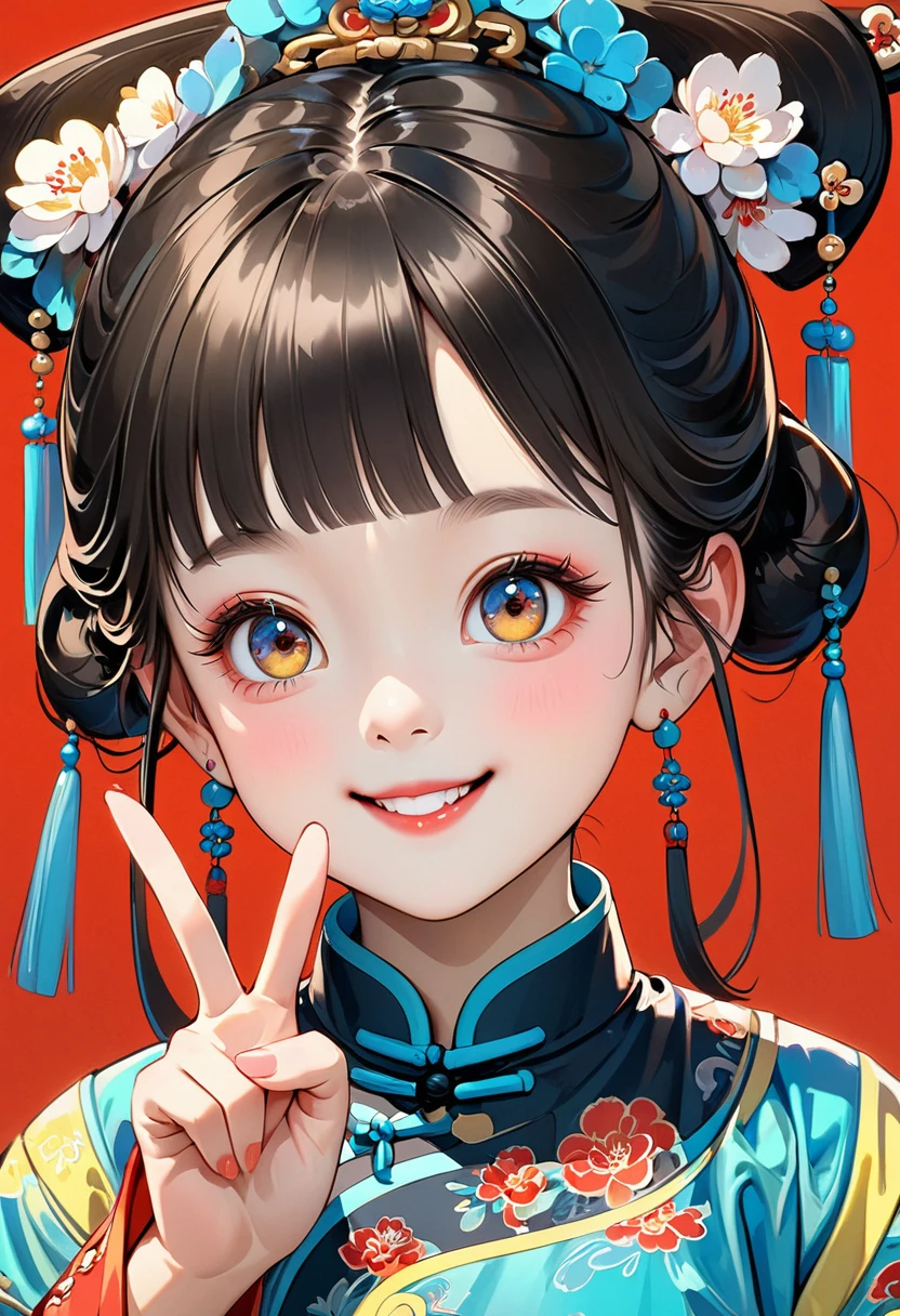 Fine brushwork,Thick coating of the board,Colored pencils,Procreate board drawing beautiful digital art,Clean lines,Beautiful Chinese Qing Dynasty little girl,Big bright eyes,Exquisite facial features,Smile,happy,Qing Dynasty Clothing,(((V gesture))).Bright colors,High Saturation,Red background