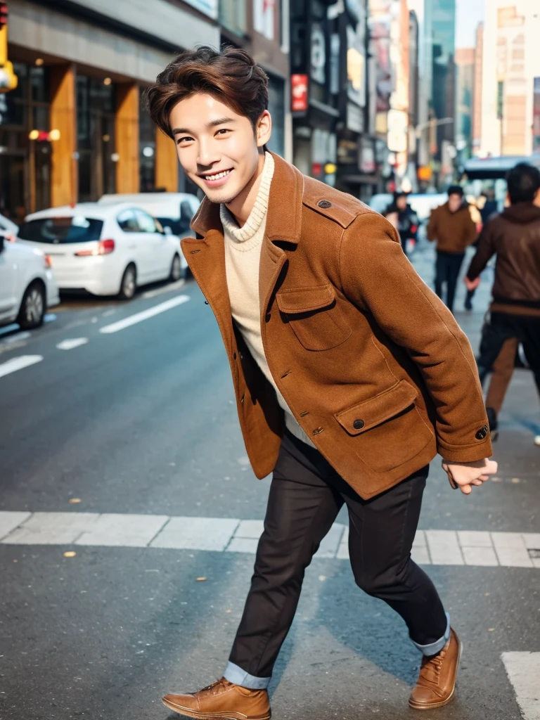 Best quality,..day,.city,..1 korean men, brown hair, beautiful realistic cute handsome boy charming smile .(Authentic skin texture:1.3),.,.face focus,. full body,..