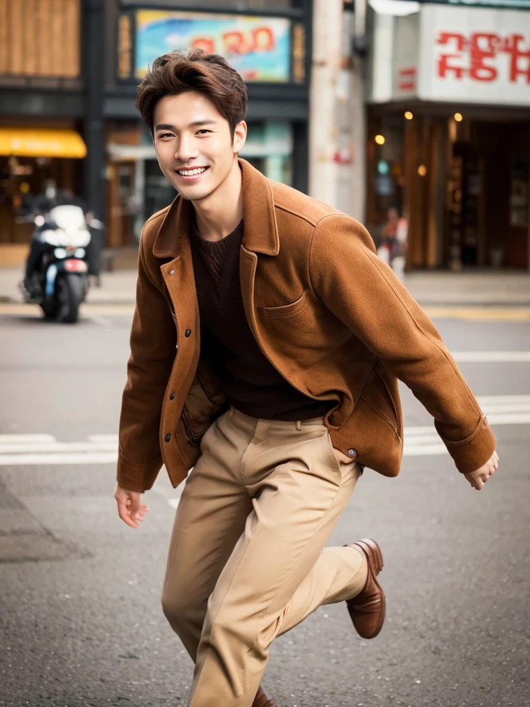 Best quality,..day,.city,..1 korean men, brown hair, beautiful realistic cute handsome boy charming smile .(Authentic skin texture:1.3),.,.face focus,. full body,..