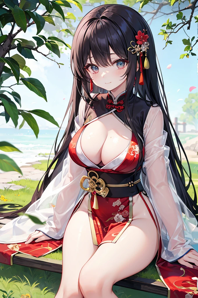 Beautiful Chinese girl,Wearing Hanfu,(transparent),Black long hair,watcher,Upper Body,Sitting on the grass,Lovely,A slight smile on the face,Large bust,Beautiful are long and naturally droopy,Cleavagup,(Slim legs:10.0),Peerless Beauty,Wearing Chinese ancient jade hairpin jewelry,Red leg
