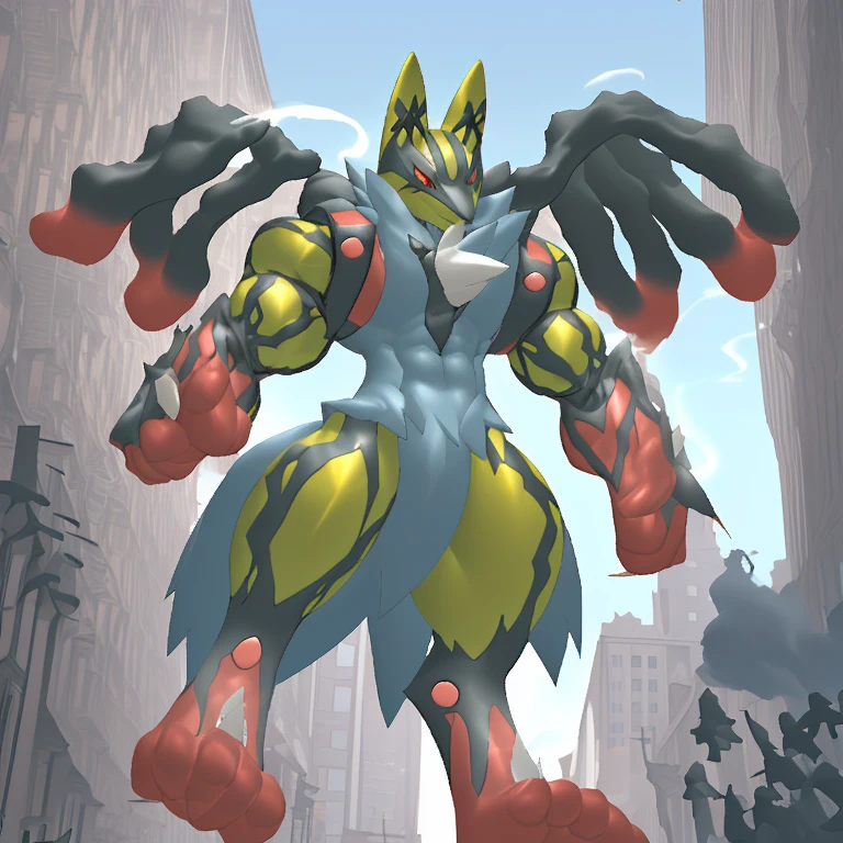 (Solo. masterpiece. official art. 8k. best quality. detailed full body. full body.)
(situation 1 : dominating Shiny_Mega_Lucario. Shiny_Mega_Lucario is over 1000 meters long. focus GIANT mechanical Muscular Shiny_Mega_Lucario is trampling the city. Looking down. macro. stomp. Low-angle perspective. emphasizing the immense size. He is much bigger than a skyscraper. Giga Giants. looking down. foot focus, (soles:1.2))
(situation 2 :smoke and flames rising from the destruction in the city)
(Additional details 1: wearing a full-face helmet. golden armor. high-tech bio-mecha armor. real texture material. whole body shines like metal. emphasizes the muscles. suit fully made of metal. intricate armor. Robotic suit. suit fully made of metal.).
(Additional details 2: (Detailed head. Detailed Body. Detailed abs. gigantic muscles. HYPER MUSCLES. Gigachad Muscular. big muscle. pecs. triceps. traps. unusually developed muscular body. body full of huge muscles. showing off muscles. pectorales enormes. Exaggeratedly huge muscles. huge muscles. long legs. abs.).
(Additional details 3: Spread wings. It has wings. have big wings. The claws are sharp. Sharp teeth.).