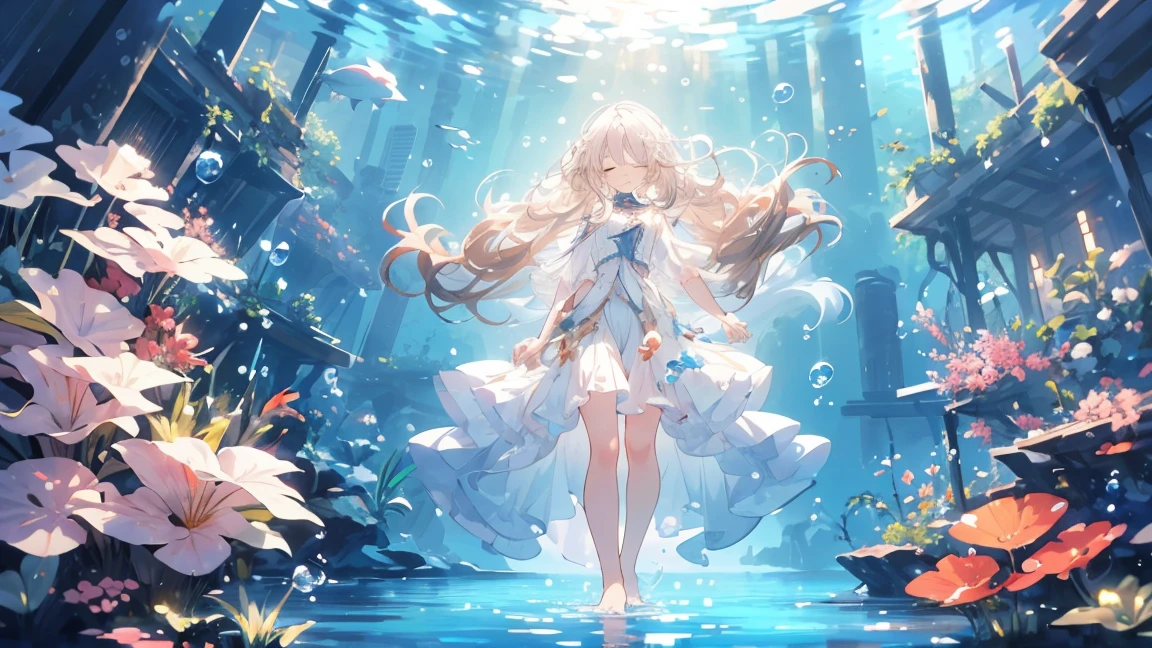 an artwork of a woman in white skirt and flowing white hair under water, 1 Girl, skirt, In the water, Lonely, Long Hair, close your eyes, Brown Hair, air bubble, barefoot, bubble