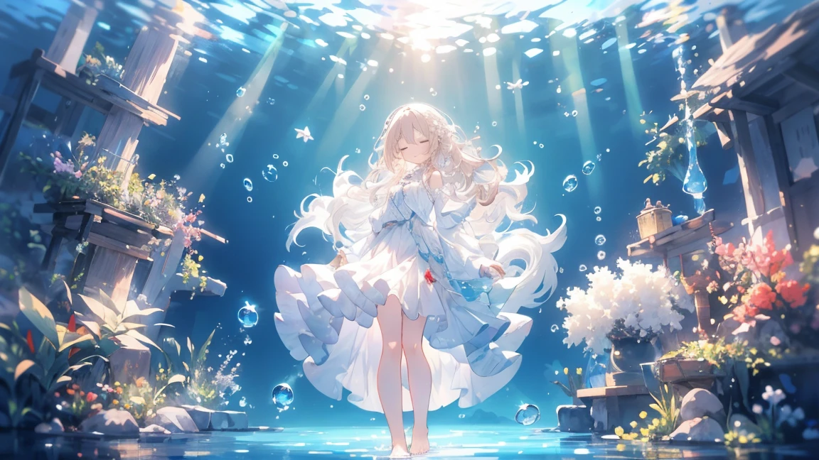 an artwork of a woman in white skirt and flowing white hair under water, 1 Girl, skirt, In the water, Lonely, Long Hair, close your eyes, Brown Hair, air bubble, barefoot, bubble