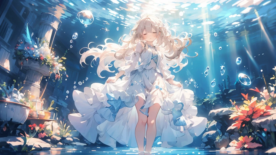 an artwork of a woman in white skirt and flowing white hair under water, 1 Girl, skirt, In the water, Lonely, Long Hair, close your eyes, Brown Hair, air bubble, barefoot, bubble