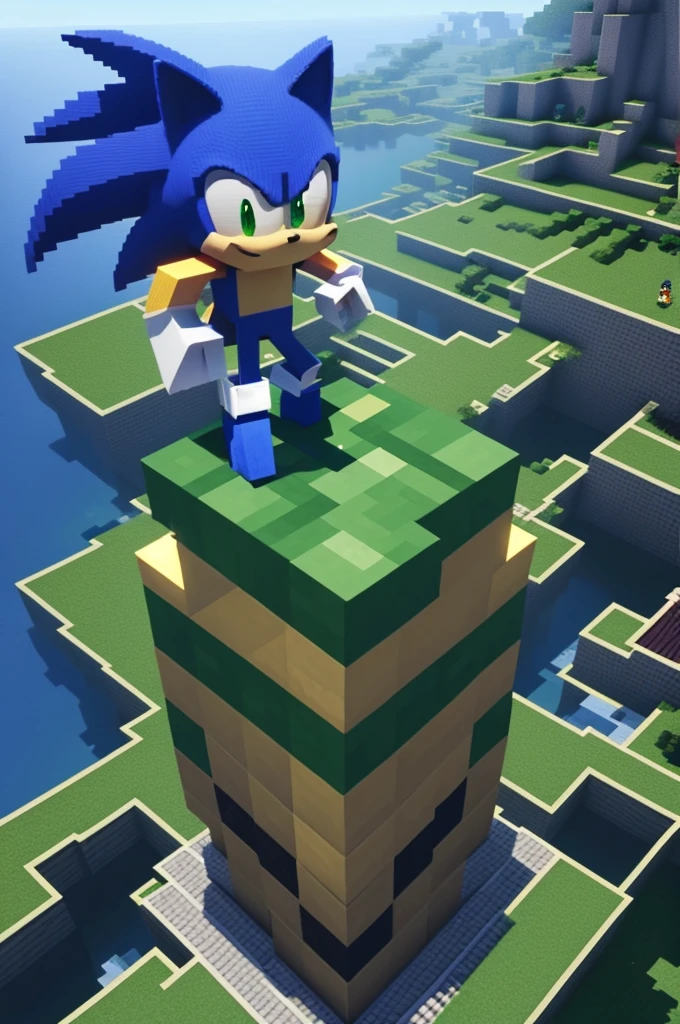 Sonic in minecraft style inside minecraft in search of chaos emeralds also in minecraft style 