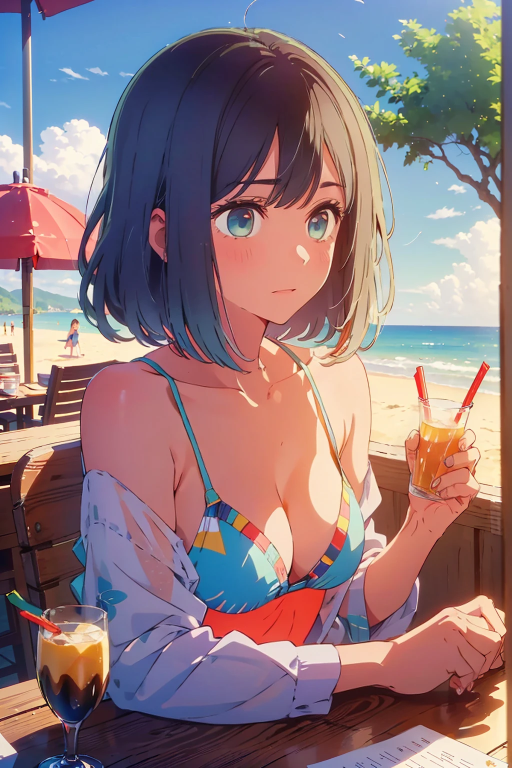 (Highest quality:1.4、masterpiece:1.4、Super detailed:1.4、8K:1.4)、((((1 person、Surprised expression、sit、Outdoor café terrace、coastal、juice、table、Sandy Beach、Triangle Bikini、juiceのグラスを持つ、Big eyes、Shallow depth of field、Very cute face))))、(((Bikini size is small)))、、sunset、Sunset、F cup bust、Big Breasts、Get up close and take a photo