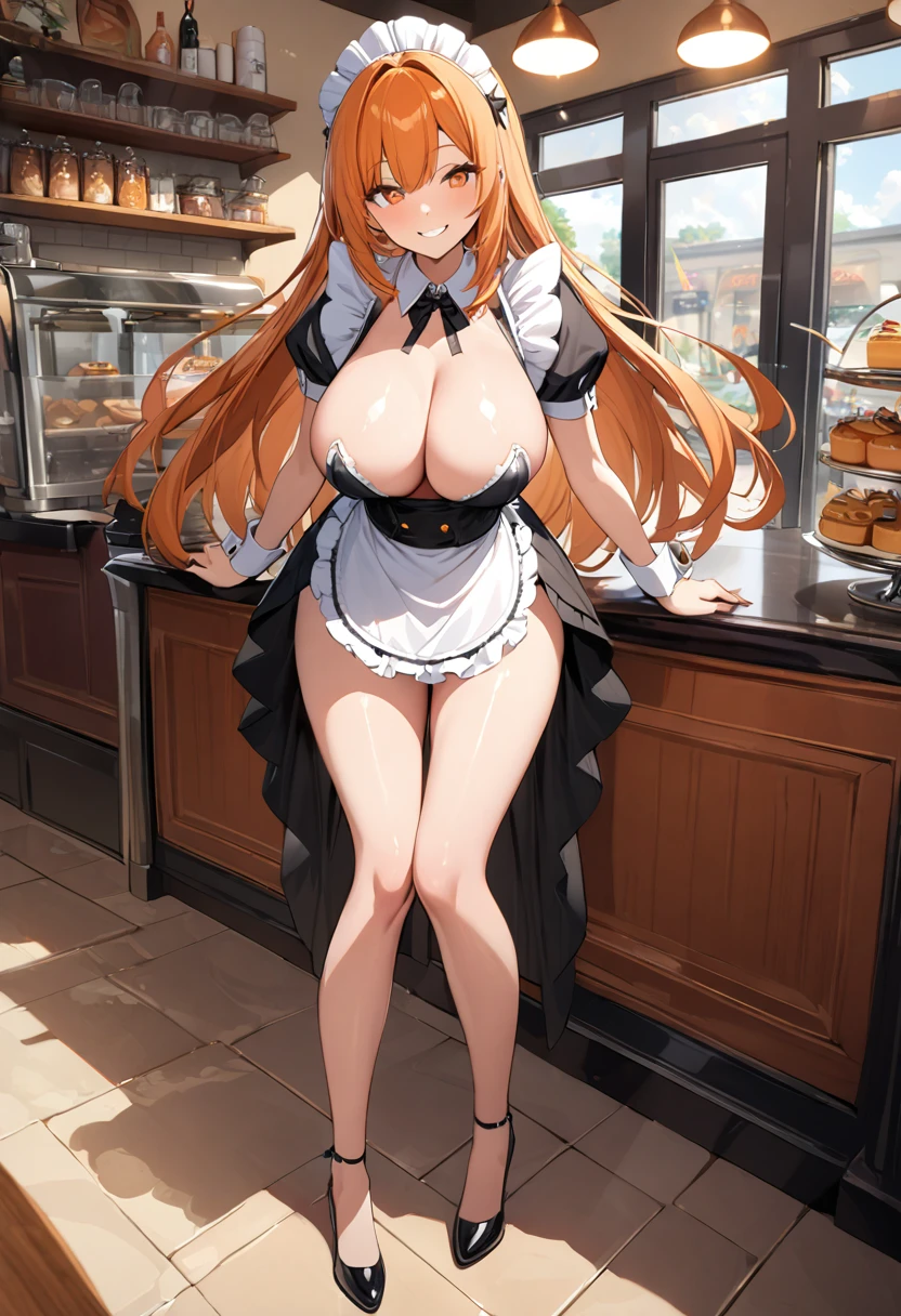 1 woman, solo, tall woman, long orange hair, straight hair ,orange eyes, (Full Breasts), High Height,masterpiece, high resolution, shiny, full body, beautiful,A cute smile that makes the viewer happy, highly detailed beautiful face and eyes,looking at viewer, maid dress, in the cafe, ((sexy)),