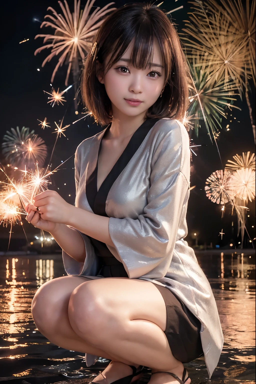Perfectly Anatomically Correct:1.0, 5 Beautiful finger:1.6,
1 Japanese Girl, Very Short Hair Bun:1.2, Wide-Set Eyes, Very White Skinned, Blush, Bashfully, 16-Year-Old, Open Mouse Slightly,
Cute Eyes, Brown Hair, Wet Hair, Light Smiling, Cheerful,
(Turning Japanese Sparklers Below Within Reached Arm:1.6),
Squatting, Japanese Clothes, Kimono, Yukata,
Non-Nipple:1.2,
Looking Up Viewer:1.2,
Irrigation Canal, Paddy Field, Water Reflection,
BREAK
8K, RAW Photo, Best Quality, Masterpiece, Realistic, PhotoRealistic, Extremely Detailed 8K Wallpaper, Beautifully Detailed Eyes, Finely Detailed Face, POV Shot,
BREAK
High-Key Lighting, Professional Lighting, Bokeh:1.4
