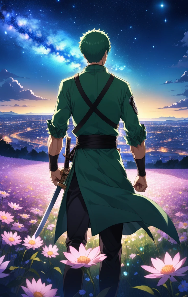 anime Roronoa Zoro, night, blue light behind him, ((Galaxy, Lens flare)), flower field, night sky, cinematic shot. Wallpaper. (Blue color schema), detailed background, a city in the distance