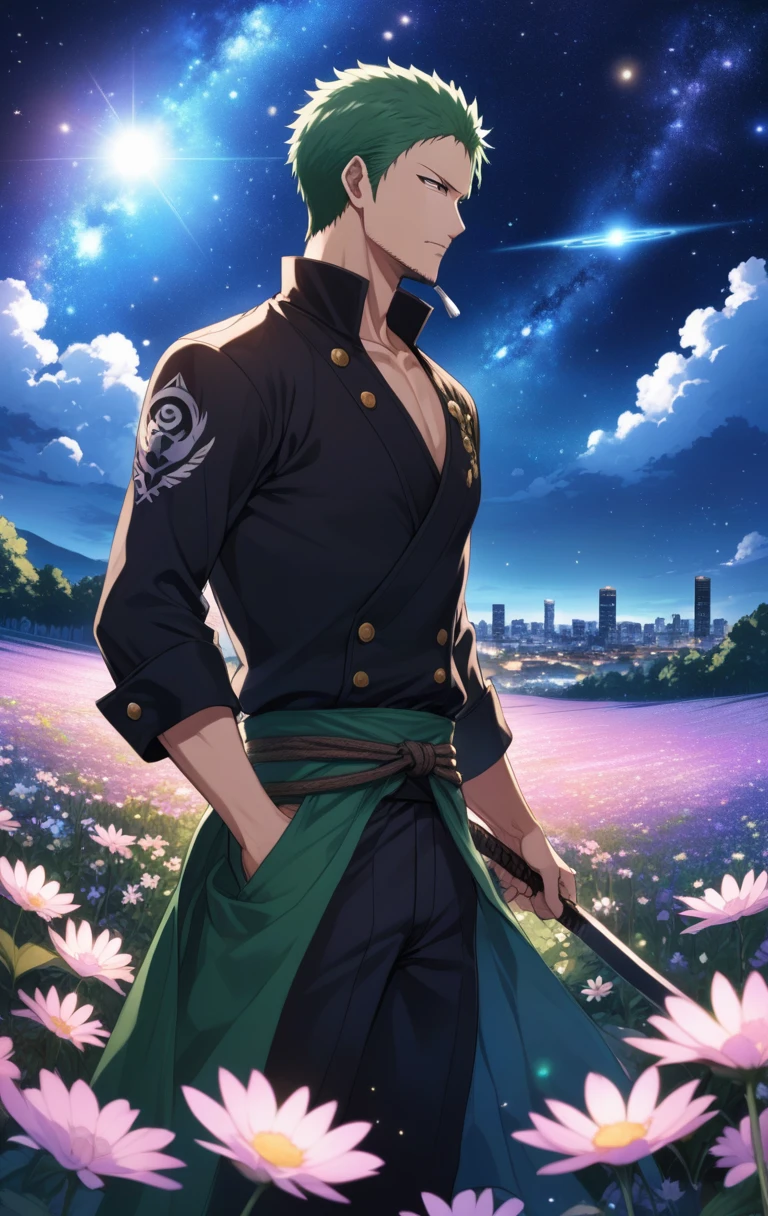 anime Roronoa Zoro, night, blue light behind him, ((Galaxy, Lens flare)), flower field, night sky, cinematic shot. Wallpaper. (Blue color schema), detailed background, a city in the distance
