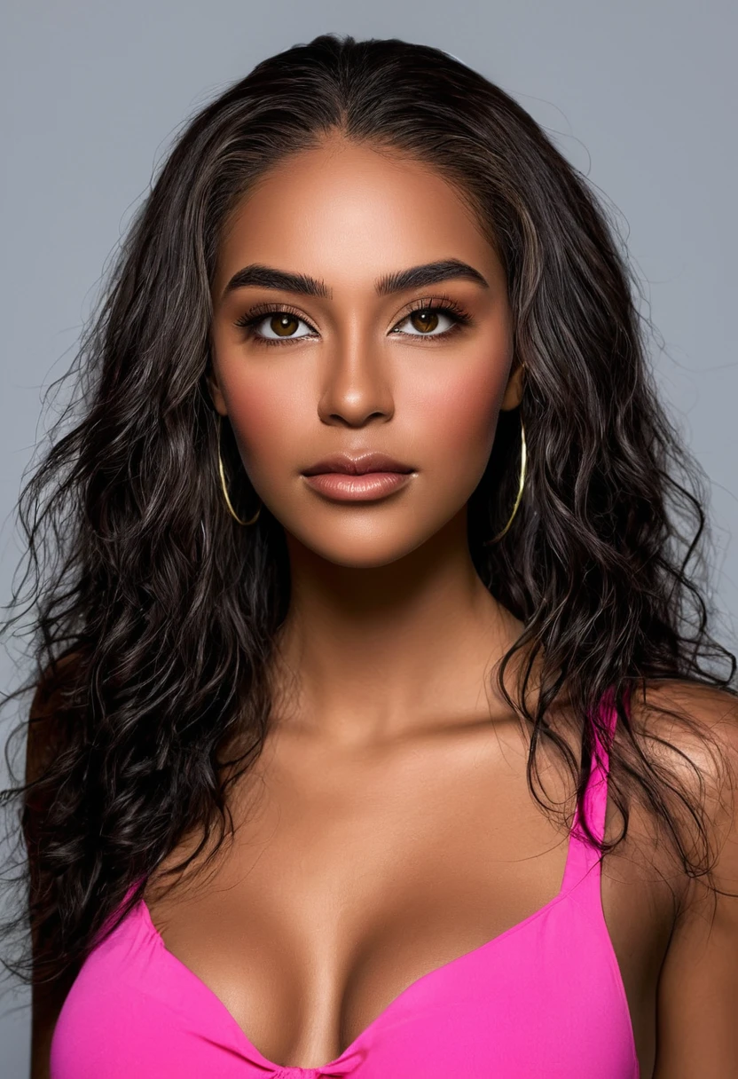 WOMAN wearing a pink bikini, pink micro bikini, pink bra and wearing glasses. a beautiful woman, beautiful Latin face, Brazilian supermodel, stunning, stunning beauty, Angolan descent, most beautiful woman in the world, jaw-dropping beauty, young adult 30 years old, She has an exotic beauty, native Brazilian, tall woman, a stunning black African woman, with indigenous features, beautiful indigenous girl, ((An indigenous African girl with European ebony)), ((her beauty is undeniable)), beautiful young black woman with dark skin, tanned Mexican. *hair: Curly black hair with brown highlights, Voluminous black hair with brown highlights, vibrant and dynamic cut with soft waves. *eyes: green and expressive eyes, beautiful green eyes, realistic green eyes, detailed green eyes, ultra-realistic, symmetrical, hyper-realistic, (eyeliner, long eyelashes), intense and penetrating look, seductive, mysterious and charming look, look of magnetism, attraction and fascination. * Eyebrows: Perfect eyebrows that arch gracefully above the eyes and are thick. * the nose is small and proportional to the face and the soft contour of the face that accentuates the high cheekbones. *Mouth: Attractive and irresistible mouth, well-defined lips, full lips, voluminous lips, seductive lips, captivating, striking, unforgettable, mischievous, sexy, your features are captivating, seductive expression, a seductive smile is enigmatic *Face shape: O the face is oval, with high cheekbones and a well-defined chin, a beautiful and detailed face. *Makeup: Makeup is subtle, but highlights natural features. Skin tone: Olive skin, healthy and even glow, with olive skin, dark skin, sexy girl with olive skin, detailed skin texture, beautiful and glowing skin, intricate details, smooth skin, healthy and radiant appearance. *body: attractive and slender woman, large bust, large breasts, athletic, thin waist, wide hips, big ass, thick thighs, shapely legs. Art: 1.2, best quality), 8k, realistic, RAW.