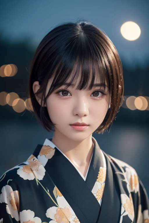 Anatomically correct:1.3), (Professional portrait、Professional Writing)、detailed、(8K, High resolution:1.2)、(RAW Photos, Realistic:1.3)、male、short hair、Black Hair、Long, narrow eyes、kimono、With bangs、Night Sky