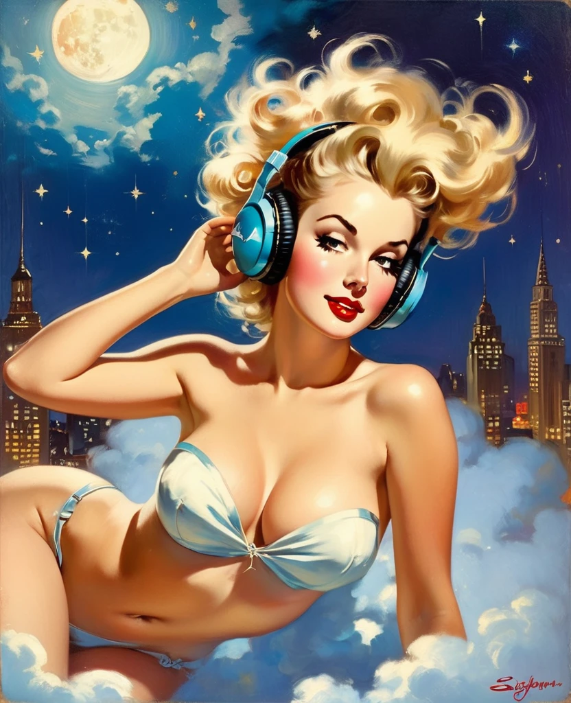 A Gil Elvgren pin-up style painting of a beautiful nude  blonde woman with big messy hair,  floating on a cloud gracefully laying on the cloud, wearing headphones, with moon light, twinkling stars and stardust, vibrant and colorful, full body shot, looking down at a small city at night, cityscape 