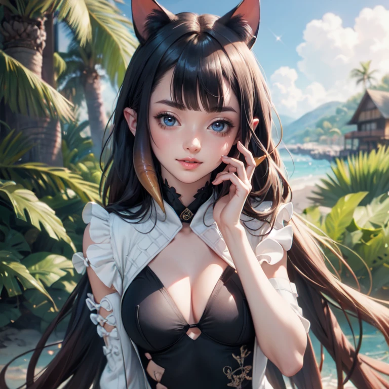 Ninomae Ina'nis, VTuber, 1 girl, ornament hair, swim suit, gloves, wave hair, medium hair, beach scene, sea on focus, white swim suit, cape, more details on her clothes, sea, night, smiling, ornament hair, long hair, palm trees, Looking at the viewer, flowing hair,  Beautiful Eyes, Plump and glossy lips, white swim suit with too many frills, beach, beach scenery, sparkle, solo, centered girl, cowboy shot, perfectly body, perfectly hands, two arms, two legs, two hands, five fingers, perfect anatomy, glowing hair, cat ears, beach scene, upper body portrait 