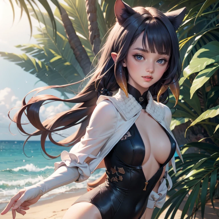 Ninomae Ina'nis, VTuber, 1 girl, ornament hair, swim suit, gloves, wave hair, medium hair, beach scene, sea on focus, white swim suit, cape, more details on her clothes, sea, night, smiling, ornament hair, long hair, palm trees, Looking at the viewer, flowing hair, Beautiful Eyes, Plump and glossy lips, white swim suit with too many frills, beach, beach scenery, sparkle, solo, centered girl, cowboy shot, perfectly body, perfectly hands, two arms, two legs, two hands, five fingers, perfect anatomy, glowing hair, cat ears, beach scene, upper body portrait