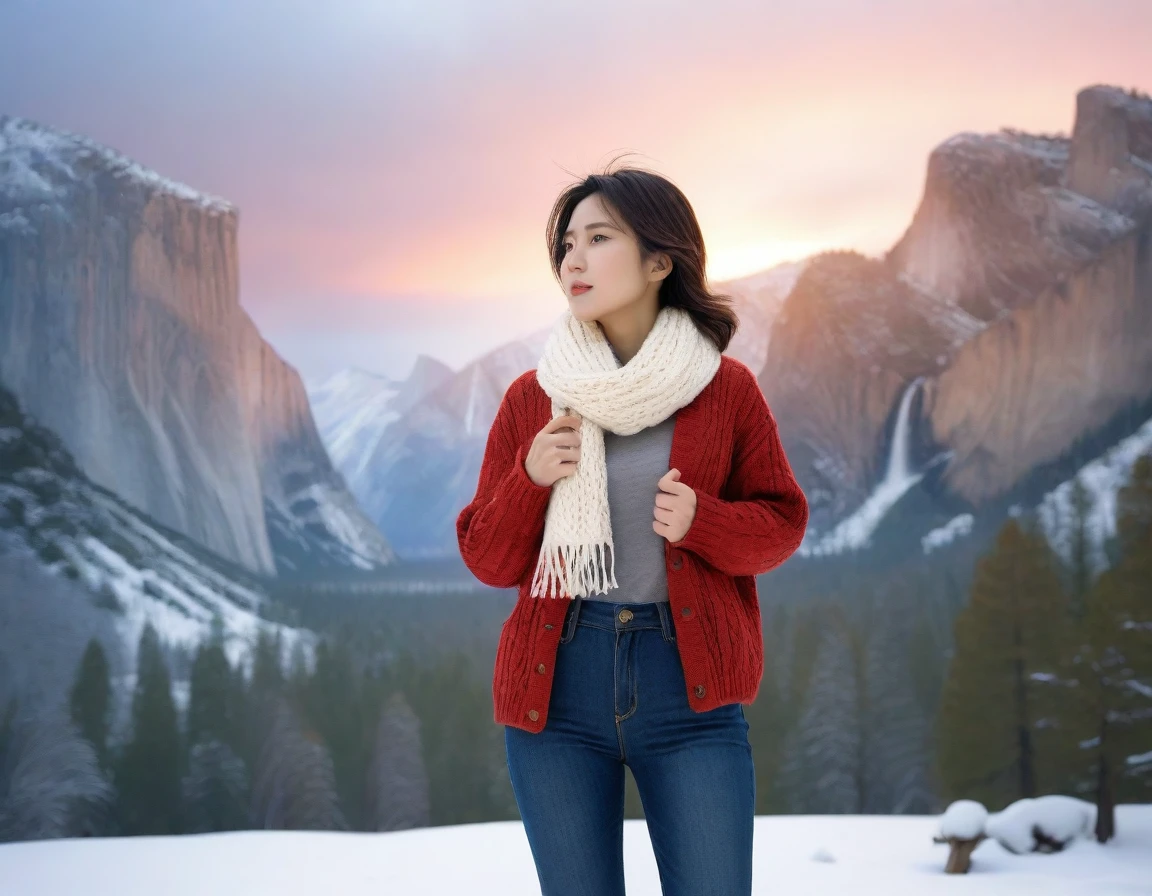 k Best picture quality, Beautiful 36-year-old Korean woman, short and good weather. Chest size 34 inches, Yosemite National Park covered in snow, USA , Red sunrise scene, Picture quality that makes the background vivid and realistic, Short and medium hair blowing in the wind, Wearing comfortable travel clothes, a thick scarf, jeans, and a cardigan., Faint smile. The background is clear, Short and slim Korean woman, Standing in the distance, photographed with a wide-angle lens, full body shot
