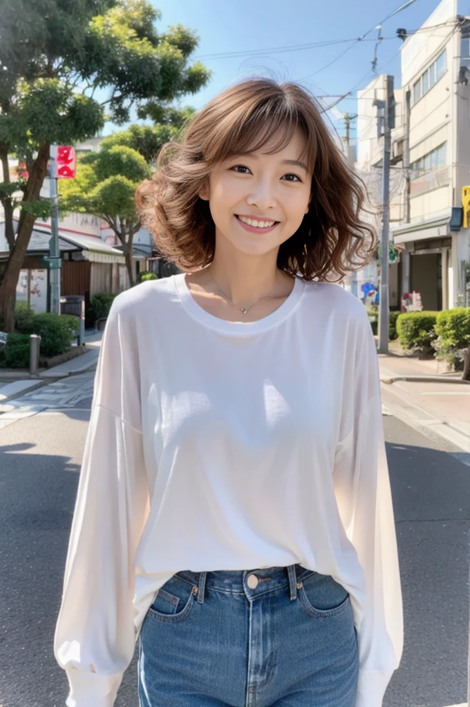 4K is realistic and beautiful,Japan woman at 39 years old,Standing on street,White skin,shortcut、Light brown hair、Gradient Hair、Curly Hair、She wears a white long-sleeved T-shirt with long sleeves,Slim and healthy, bust、The fairy air flutters。Plain street scene on background,It's full of culture。Healthy Smile