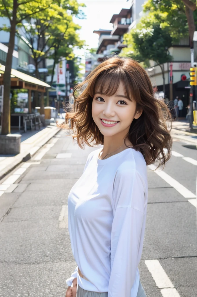 4K is realistic and beautiful，Japan woman at 39 years old，Standing on street，White skin，shortcut、Light brown hair、Gradient Hair、Curly Hair、She wears a white long-sleeved T-shirt with long sleeves，Slim and healthy， bust、The fairy air flutters。Plain street scene on background，It's full of culture。Healthy Smile