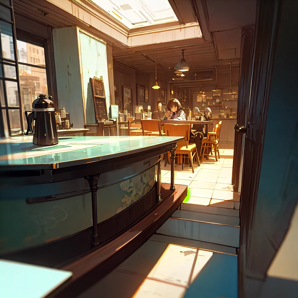 Cafe, Modern, comfortable, Contemporary décor, Comfortable seats, Stylish lighting, coffee, Sleek countertops, empty, Dappled Lighting, noon, wallpaper, Very detailed, Anime scenery