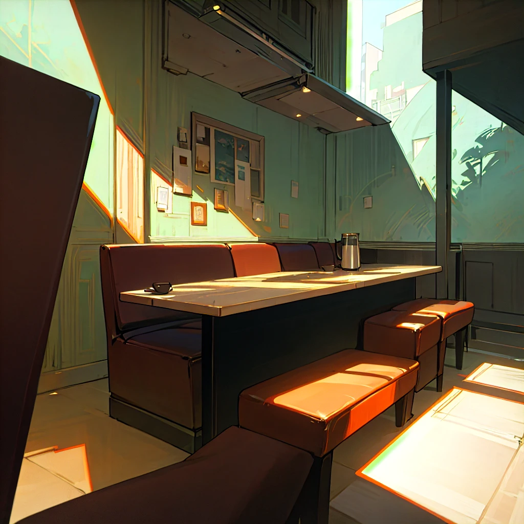 Cafe, Modern, comfortable, Contemporary décor, Comfortable seats, Stylish lighting, coffee, Sleek countertops, empty, Dappled Lighting, noon, wallpaper, Very detailed, Anime scenery