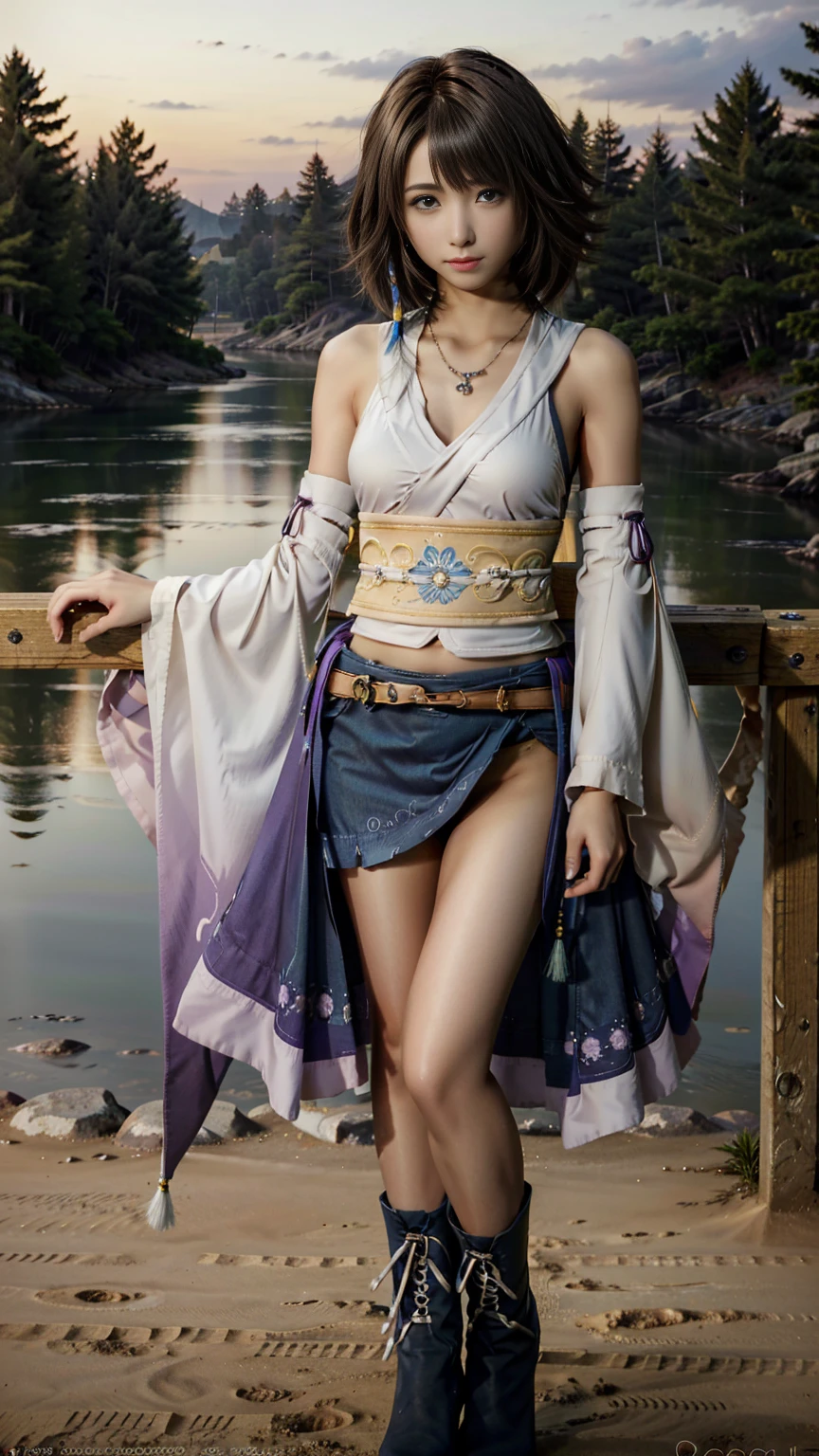 (masterpiece, Highest quality:1.3)
Yuna FF10, One girl, alone, smile, short hair, blue eyes, skirt, Brown Hair, hair ornaments, jewelry,, Are standing, whole body, boots, Removable sleeves, kimono, Very good, Heterochromia iridis, In the same way, In the same way skirt, blue In the same way, purple In the same way, Yuna (ff10),Backwards、Night view、lake、forest