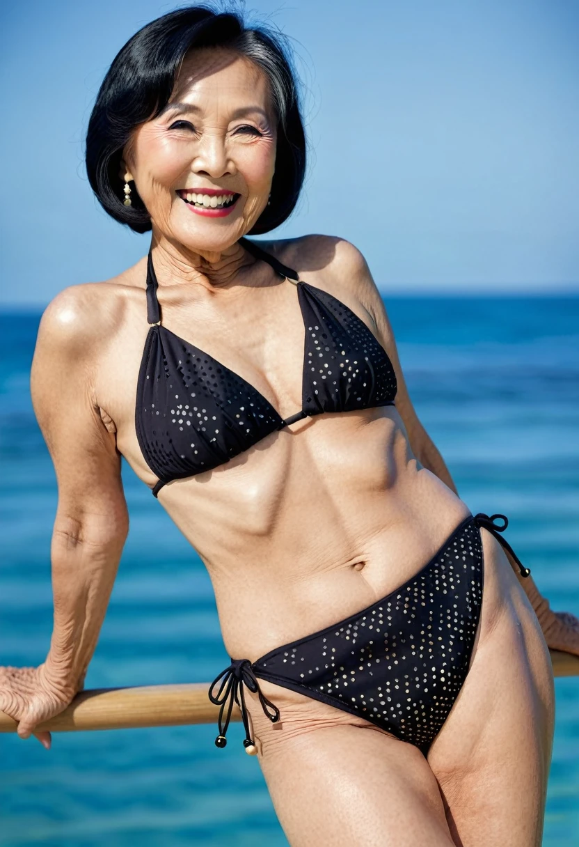 full body shot from behind, a Japanese woman, 87 years old, wearing elegant bikini, smiling, elegant makeup