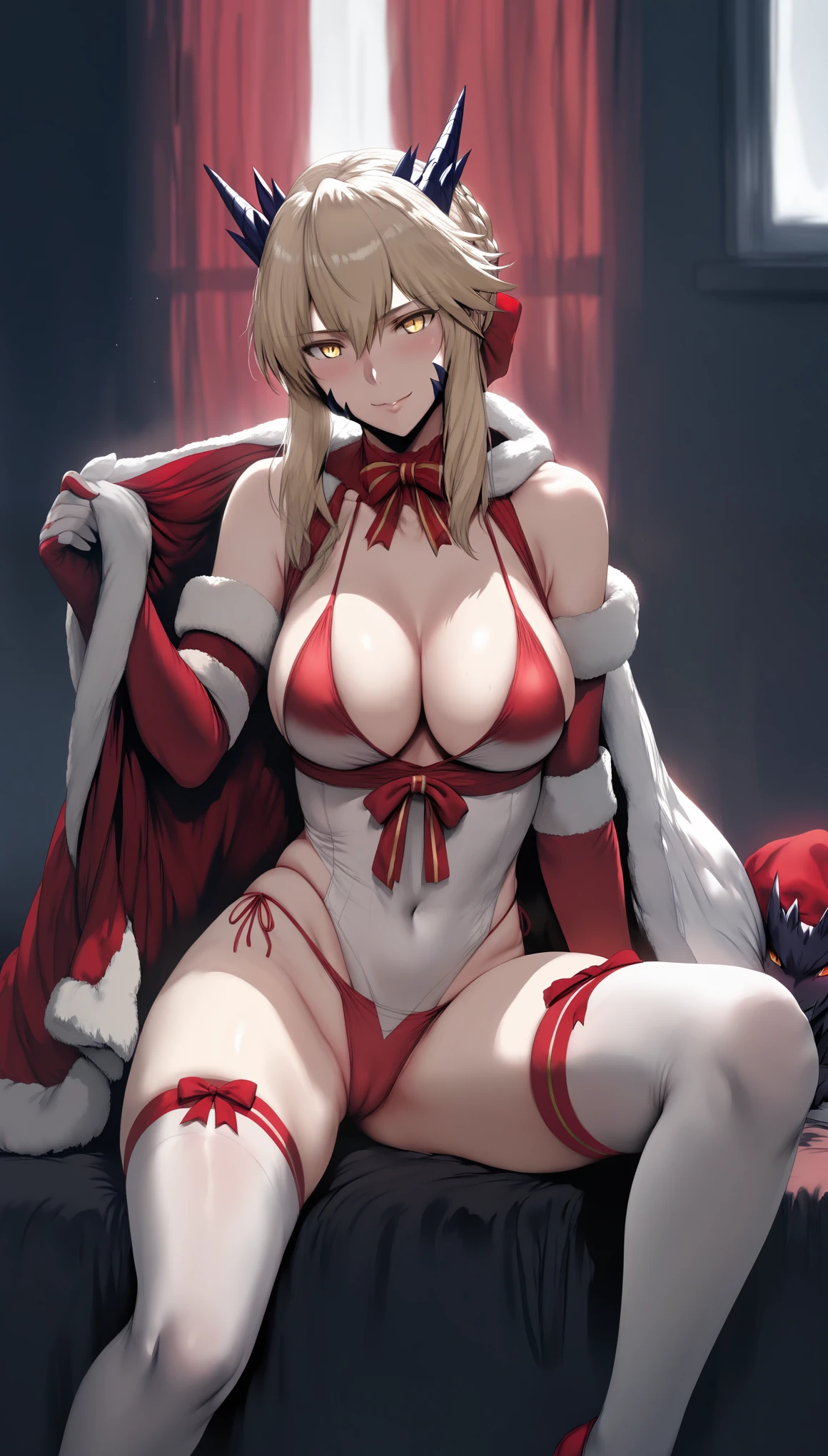 Hews style, score_9, score_8_up, score_7_up, score_6_up, uncensored, artoria pendragon (lancer alter) (fate), sillver hair, braid, tiara, slit pupils, yellow eyes, BREAK (masterpiece:1.2), best quality, high resolution, (detailed eyes:1.3), perfect lighting, (perfect hands, perfect anatomy), large breast, gloves, thighhighs, elbow_gloves, white_legwear, 1girl, cleavage, thighs, hood, swimsuit, red_footwear, blush, christmas, smile, bikini, looking_at_viewer, red_gloves, character_doll, fur_trim, striped, thick_thighs, sack, ribbon, bare_shoulders,