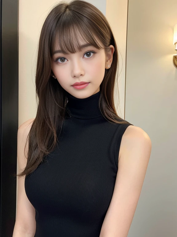 (Detailed skin:1.2),(Shiny skin:1.1), 8K, Highest quality, masterpiece, Ultra-high resolution, (Realistic:1.4), RAW Photos, (Soft saturation:1.3), (Fair skin:1.2), One Japanese idol, 19 years old, Detailed face, Perfect female body, Medium Hair, Messy Hair, Asymmetrical bangs, Light brown hair, 非常にDetailed face, Highly detailed lips, Fine grain, Under double eyelid, smile,Full Body Shot, Beautiful face and slim, stylish figure., Sexy black outfit, (turtleneck, Sleeveless dress:1.2), Charismatic and visually appealing, Sharp focus: 1.2, Beautiful woman with perfect figure: 1.4、Slim Abs:1.2、非常にDetailed faceと肌の質感, indoor