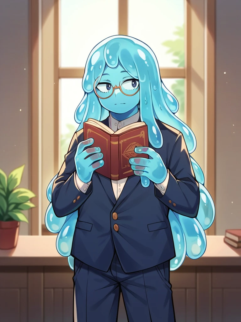 score_9, score_8_up, score_7_up, score_6_up, score_5_up, score_4_up, source_anime, 1Boy, slime Boy, Blue skin, Punk style, round eyeglasses, mature, long hair, ringlets, solo, slimegirlsfw, indoors, school, holding book, my hero academia, depth of field, LUT, medium close shot, detailed, beautiful