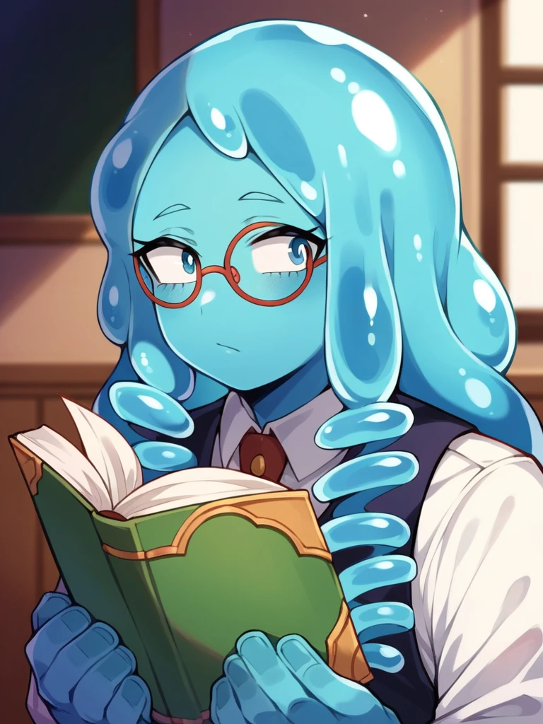 score_9, score_8_up, score_7_up, score_6_up, score_5_up, score_4_up, source_anime, 1Boy, slime Boy, Blue skin, Punk style, round eyeglasses, mature, long hair, ringlets, solo, slimegirlsfw, indoors, school, holding book, my hero academia, depth of field, LUT,  medium close shot, detailed, beautiful